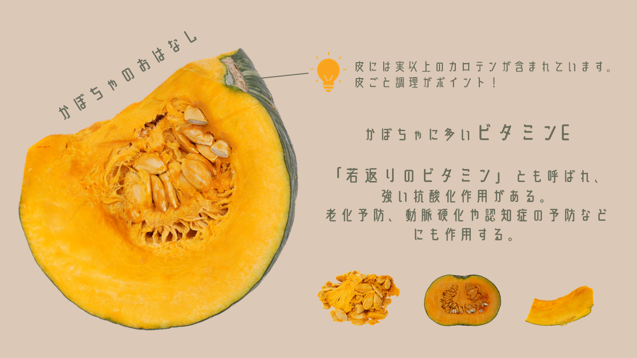 かぼちゃに多く含まれる「若返りのビタミン」|商用可フリー画像・背景透過